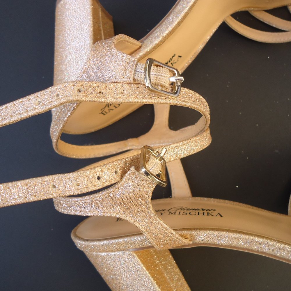 SIZE 6.5. BADGLEY MISCHKA American Glamour gold glitter block heels sandals. - Picture 9 of 16